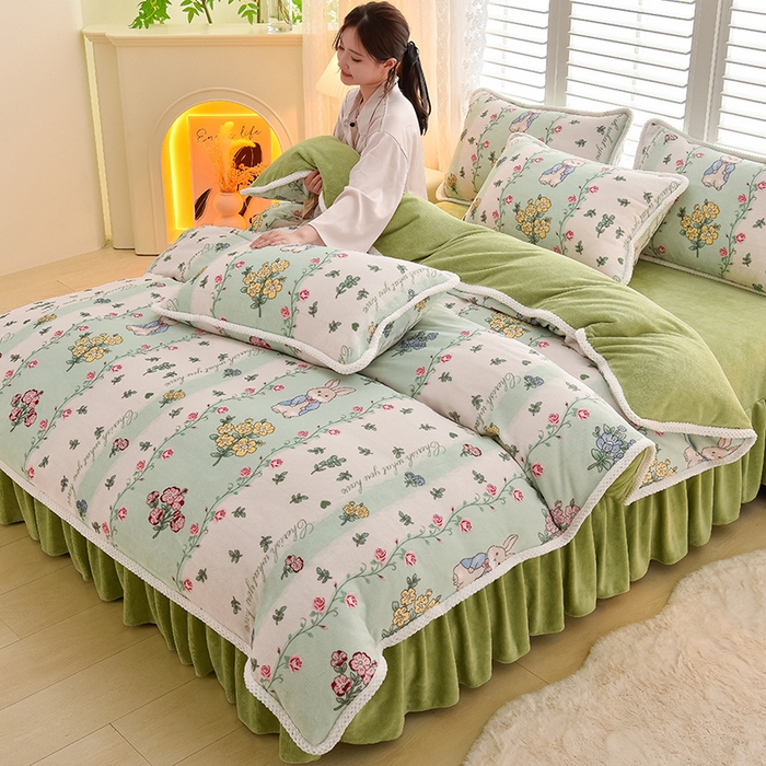 91家纺网 家纺一手货源 找家纺 牵依 2025新款直播床裙小清新印花牛奶绒四件套法兰绒四件套 梦想花园