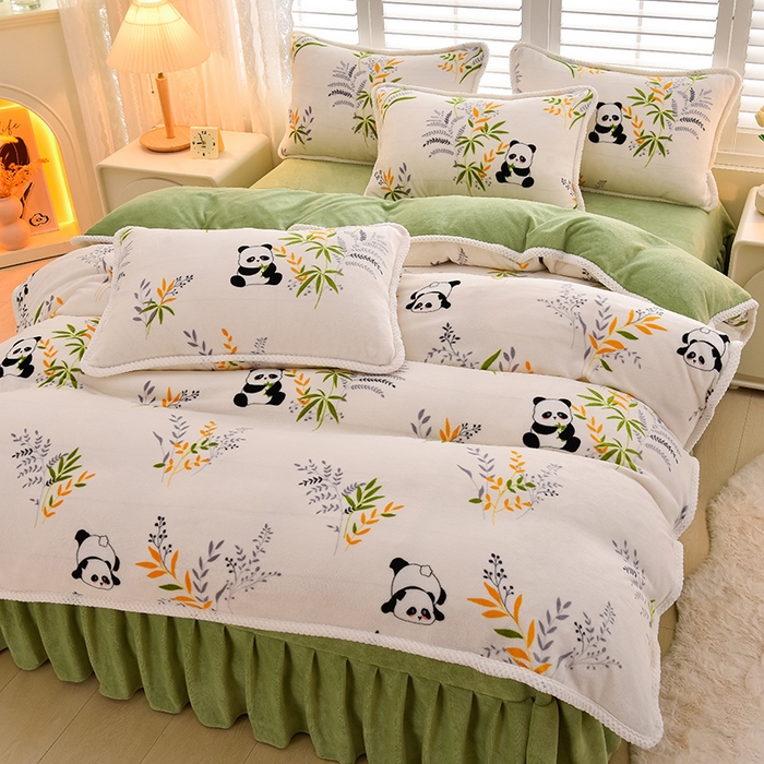 91家纺网 家纺一手货源 找家纺 牵依 2025新款直播床裙小清新印花牛奶绒四件套法兰绒四件套 花影花花