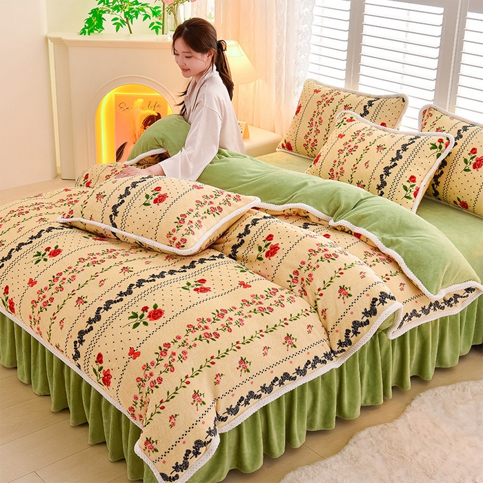 91家纺网 家纺一手货源 找家纺 牵依 2025新款直播床裙小清新印花牛奶绒四件套法兰绒四件套 花意