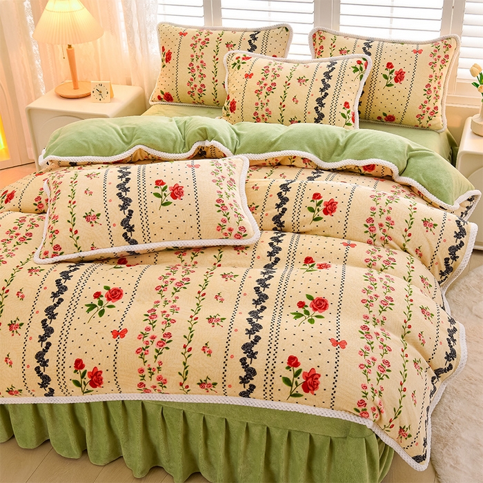 91家纺网 家纺一手货源 找家纺 牵依 2025新款直播床裙小清新印花牛奶绒四件套法兰绒四件套 花意