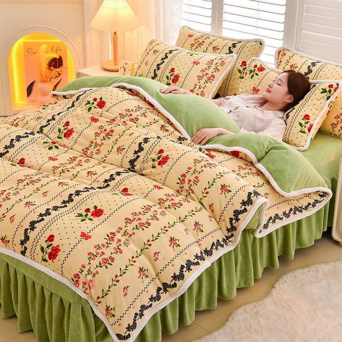 91家纺网 家纺一手货源 找家纺 牵依 2025新款直播床裙小清新印花牛奶绒四件套法兰绒四件套 花意