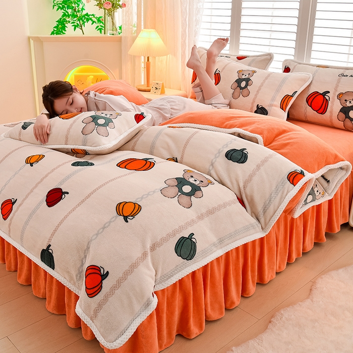 牵依 2025新款直播床裙小清新印花牛奶绒四件套法兰绒四件套 南瓜小熊