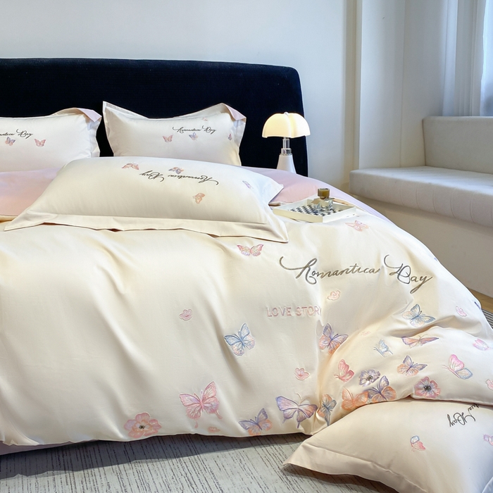 91家纺网 家纺一手货源 找家纺 （总）桃园 新款纯棉全棉长绒棉刺绣绣花高端礼盒蝶梦园系列四件套