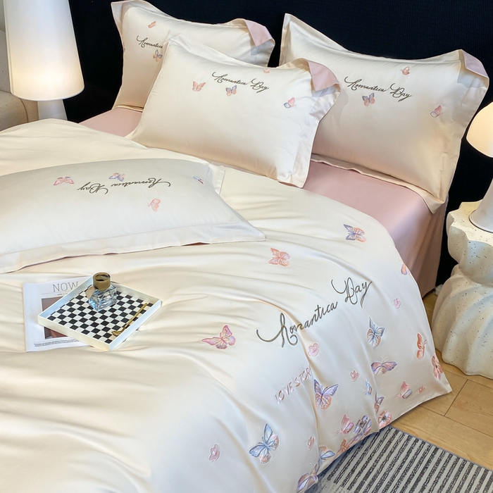 91家纺网 家纺一手货源 找家纺 桃园 新款纯棉全棉长绒棉刺绣绣花高端礼盒蝶梦园系列四件套 白粉