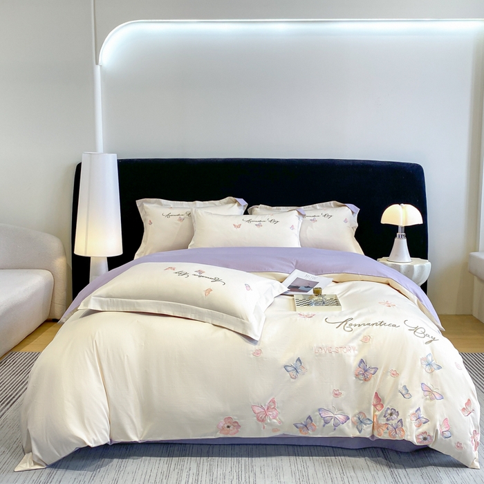 91家纺网 家纺一手货源 找家纺 桃园 新款纯棉全棉长绒棉刺绣绣花高端礼盒蝶梦园系列四件套 白紫