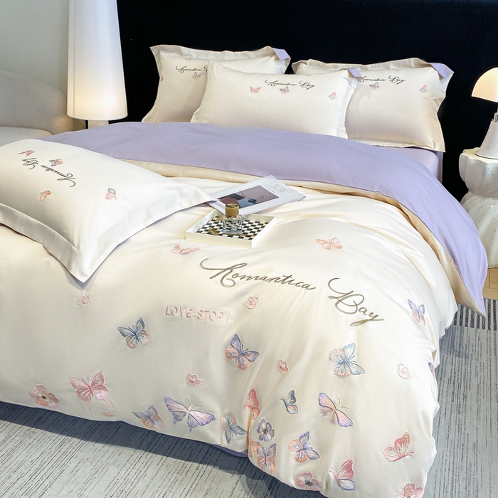 91家纺网 家纺一手货源 找家纺 桃园 新款纯棉全棉长绒棉刺绣绣花高端礼盒蝶梦园系列四件套 白紫