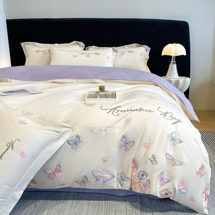 91家纺网 家纺一手货源 找家纺 桃园 新款纯棉全棉长绒棉刺绣绣花高端礼盒蝶梦园系列四件套 白紫