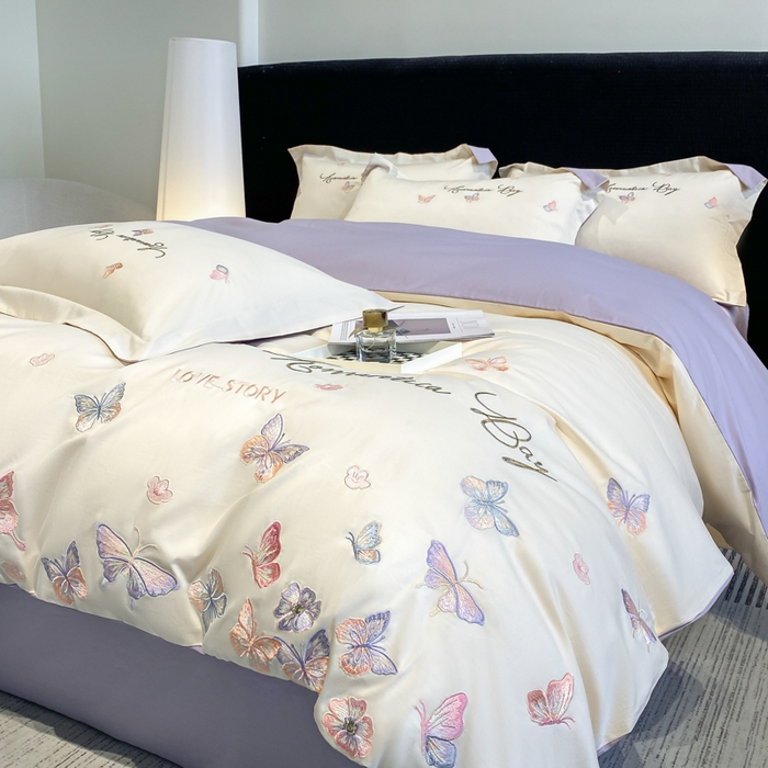 91家纺网 家纺一手货源 找家纺 桃园 新款纯棉全棉长绒棉刺绣绣花高端礼盒蝶梦园系列四件套 白紫