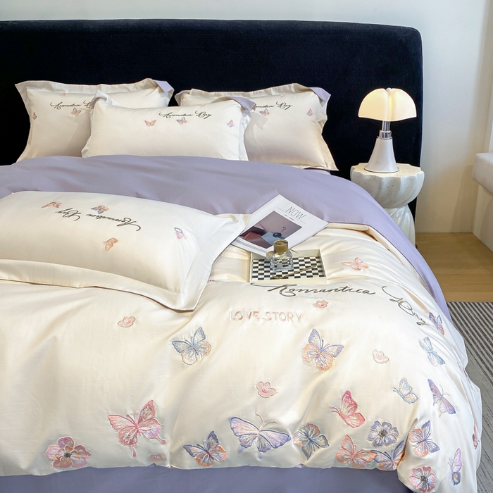 91家纺网 家纺一手货源 找家纺 桃园 新款纯棉全棉长绒棉刺绣绣花高端礼盒蝶梦园系列四件套 白紫