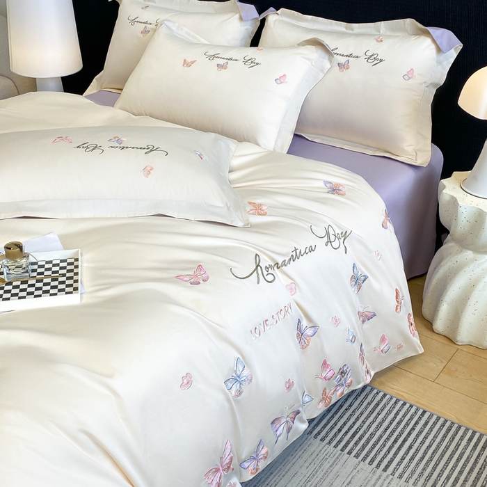 91家纺网 家纺一手货源 找家纺 桃园 新款纯棉全棉长绒棉刺绣绣花高端礼盒蝶梦园系列四件套 白紫