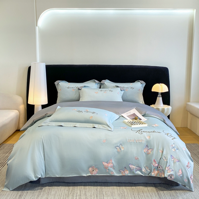 91家纺网 家纺一手货源 找家纺 桃园 新款纯棉全棉长绒棉刺绣绣花高端礼盒蝶梦园系列四件套 飘蓝