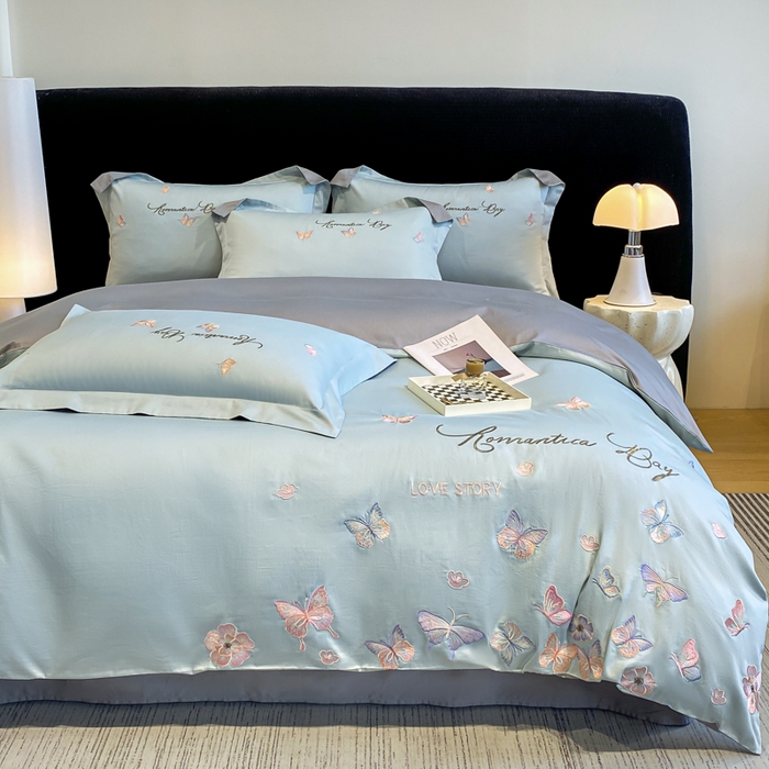 91家纺网 家纺一手货源 找家纺 桃园 新款纯棉全棉长绒棉刺绣绣花高端礼盒蝶梦园系列四件套 飘蓝