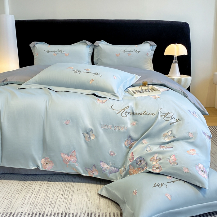 91家纺网 家纺一手货源 找家纺 桃园 新款纯棉全棉长绒棉刺绣绣花高端礼盒蝶梦园系列四件套 飘蓝