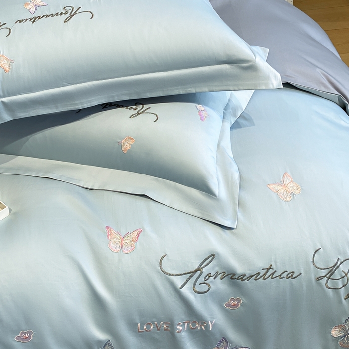 91家纺网 家纺一手货源 找家纺 桃园 新款纯棉全棉长绒棉刺绣绣花高端礼盒蝶梦园系列四件套 飘蓝