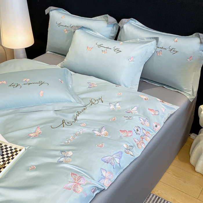 91家纺网 家纺一手货源 找家纺 桃园 新款纯棉全棉长绒棉刺绣绣花高端礼盒蝶梦园系列四件套 飘蓝