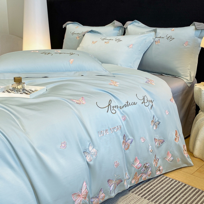 91家纺网 家纺一手货源 找家纺 桃园 新款纯棉全棉长绒棉刺绣绣花高端礼盒蝶梦园系列四件套 飘蓝