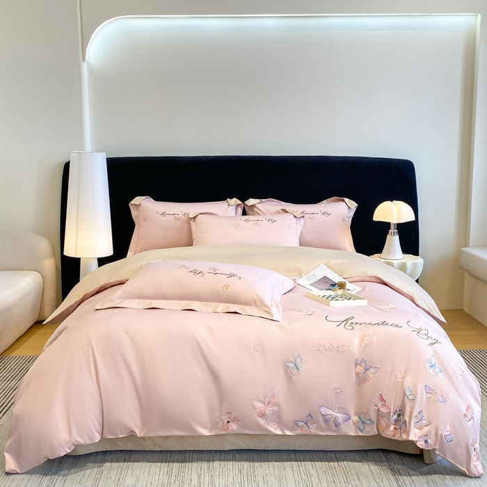 91家纺网 家纺一手货源 找家纺 桃园 新款纯棉全棉长绒棉刺绣绣花高端礼盒蝶梦园系列四件套 轻奢粉