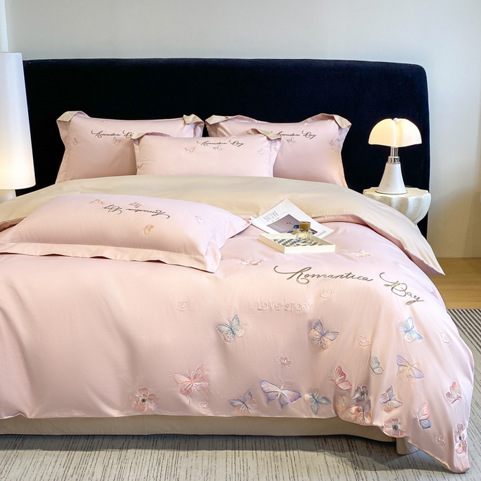 91家纺网 家纺一手货源 找家纺 桃园 新款纯棉全棉长绒棉刺绣绣花高端礼盒蝶梦园系列四件套 轻奢粉