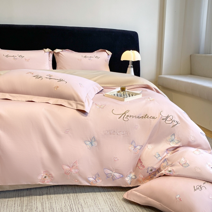 91家纺网 家纺一手货源 找家纺 桃园 新款纯棉全棉长绒棉刺绣绣花高端礼盒蝶梦园系列四件套 轻奢粉