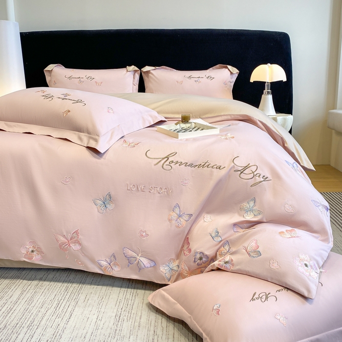 91家纺网 家纺一手货源 找家纺 桃园 新款纯棉全棉长绒棉刺绣绣花高端礼盒蝶梦园系列四件套 轻奢粉