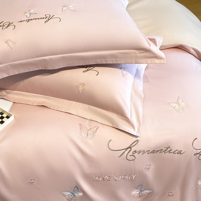 91家纺网 家纺一手货源 找家纺 桃园 新款纯棉全棉长绒棉刺绣绣花高端礼盒蝶梦园系列四件套 轻奢粉