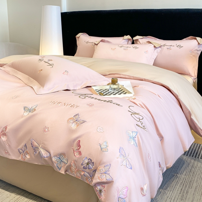 91家纺网 家纺一手货源 找家纺 桃园 新款纯棉全棉长绒棉刺绣绣花高端礼盒蝶梦园系列四件套 轻奢粉