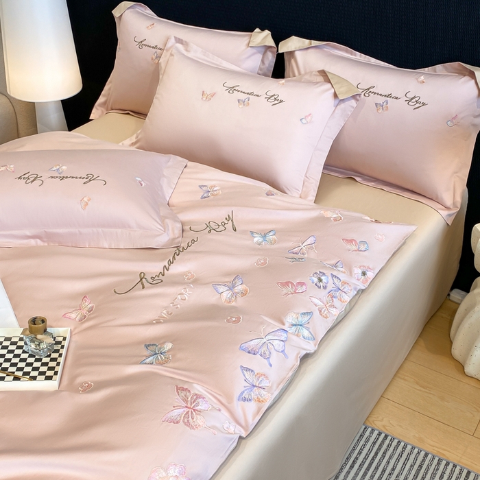 91家纺网 家纺一手货源 找家纺 桃园 新款纯棉全棉长绒棉刺绣绣花高端礼盒蝶梦园系列四件套 轻奢粉