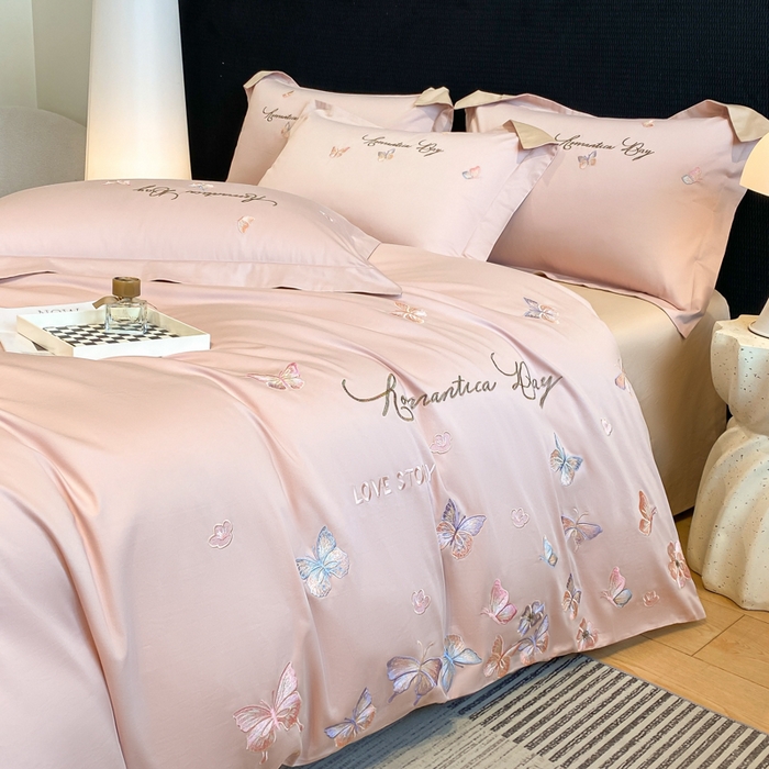 91家纺网 家纺一手货源 找家纺 桃园 新款纯棉全棉长绒棉刺绣绣花高端礼盒蝶梦园系列四件套 轻奢粉