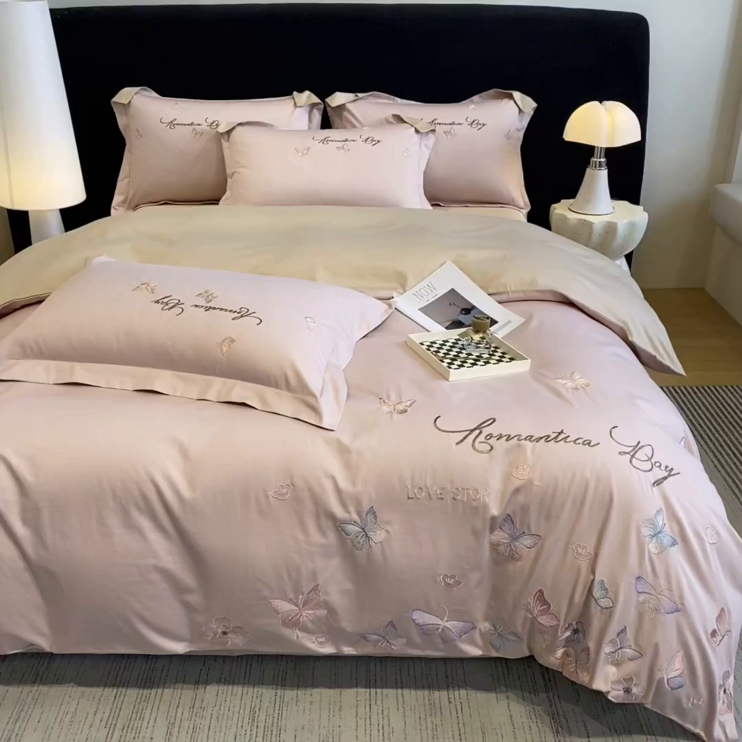 91家纺网 家纺一手货源 找家纺 桃园 新款纯棉全棉长绒棉刺绣绣花高端礼盒蝶梦园系列四件套 轻奢粉