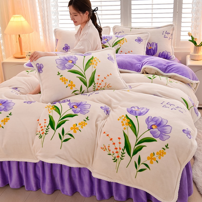 91家纺网 家纺一手货源 找家纺 牵依 2025新款直播床裙小清新印花牛奶绒四件套法兰绒四件套 郁金花海