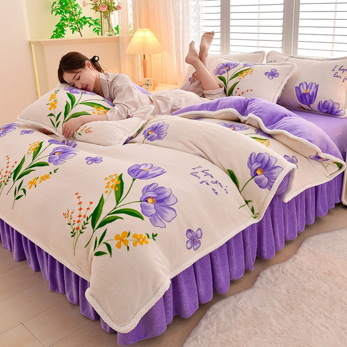 牵依 2025新款直播床裙小清新印花牛奶绒四件套法兰绒四件套 郁金花海