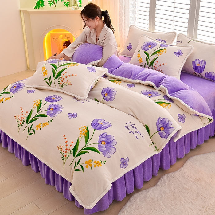 91家纺网 家纺一手货源 找家纺 牵依 2025新款直播床裙小清新印花牛奶绒四件套法兰绒四件套 郁金花海