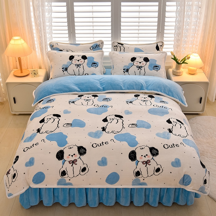 91家纺网 家纺一手货源 找家纺 牵依 2025新款直播床裙小清新印花牛奶绒四件套法兰绒四件套 幸运狗