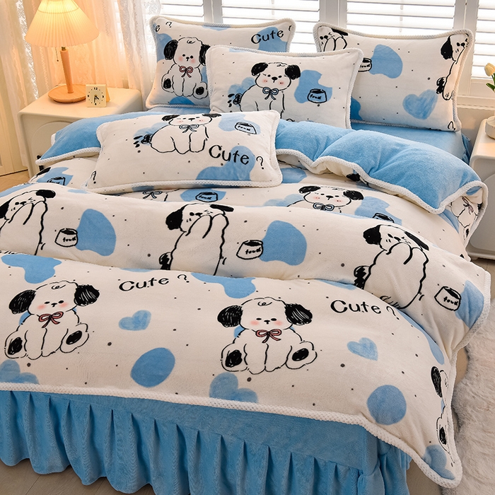 91家纺网 家纺一手货源 找家纺 牵依 2025新款直播床裙小清新印花牛奶绒四件套法兰绒四件套 幸运狗