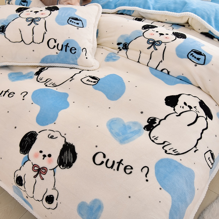 91家纺网 家纺一手货源 找家纺 牵依 2025新款直播床裙小清新印花牛奶绒四件套法兰绒四件套 幸运狗