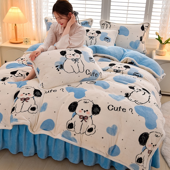 91家纺网 家纺一手货源 找家纺 牵依 2025新款直播床裙小清新印花牛奶绒四件套法兰绒四件套 幸运狗