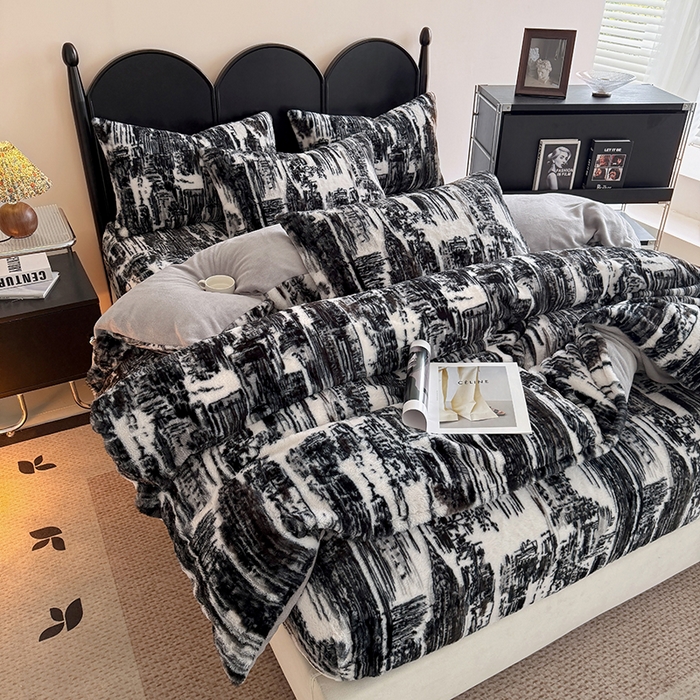 91家纺网 家纺一手货源 找家纺 慕梵家居 2025新款亲肤舒适兔绒床笠款四件套 时空叠影