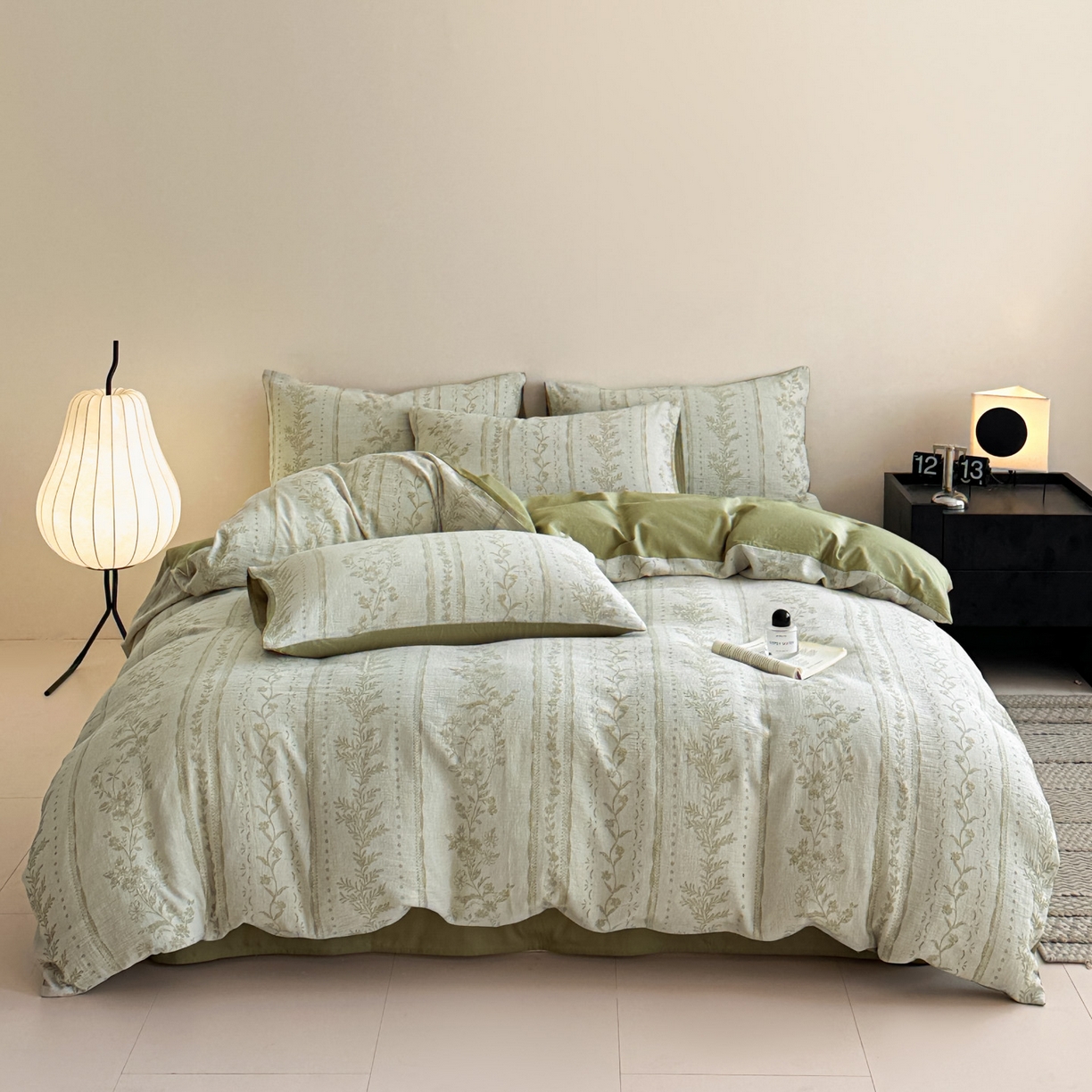 91家纺网 家纺一手货源 找家纺 慕尚家纺 2025新款全棉提花皱皱纱四件套 柔茵-草绿