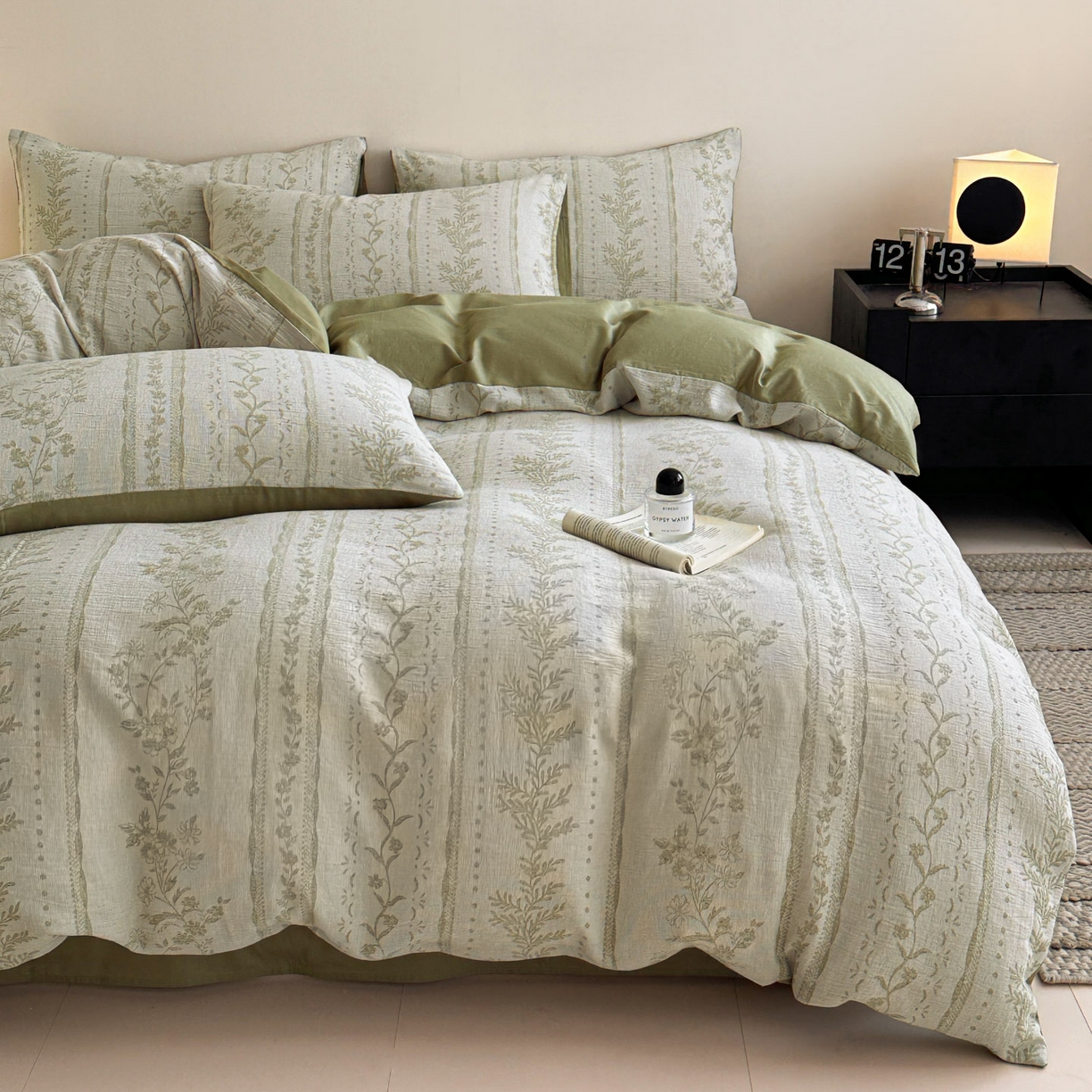 91家纺网 家纺一手货源 找家纺 慕尚家纺 2025新款全棉提花皱皱纱四件套 柔茵-草绿