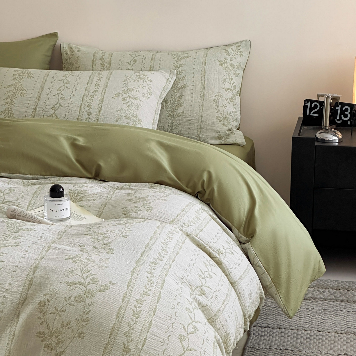 91家纺网 家纺一手货源 找家纺 慕尚家纺 2025新款全棉提花皱皱纱四件套 柔茵-草绿