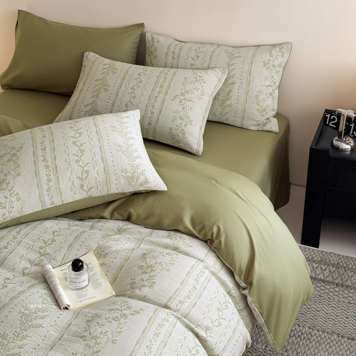 91家纺网 家纺一手货源 找家纺 慕尚家纺 2025新款全棉提花皱皱纱四件套 柔茵-草绿