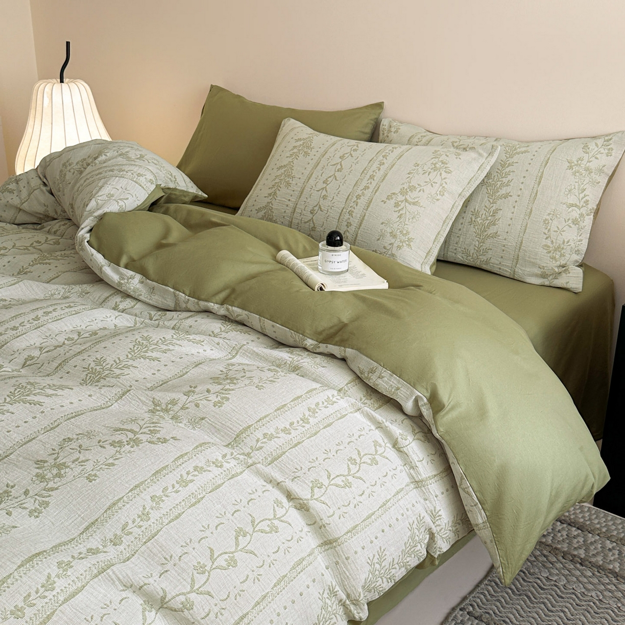 91家纺网 家纺一手货源 找家纺 慕尚家纺 2025新款全棉提花皱皱纱四件套 柔茵-草绿