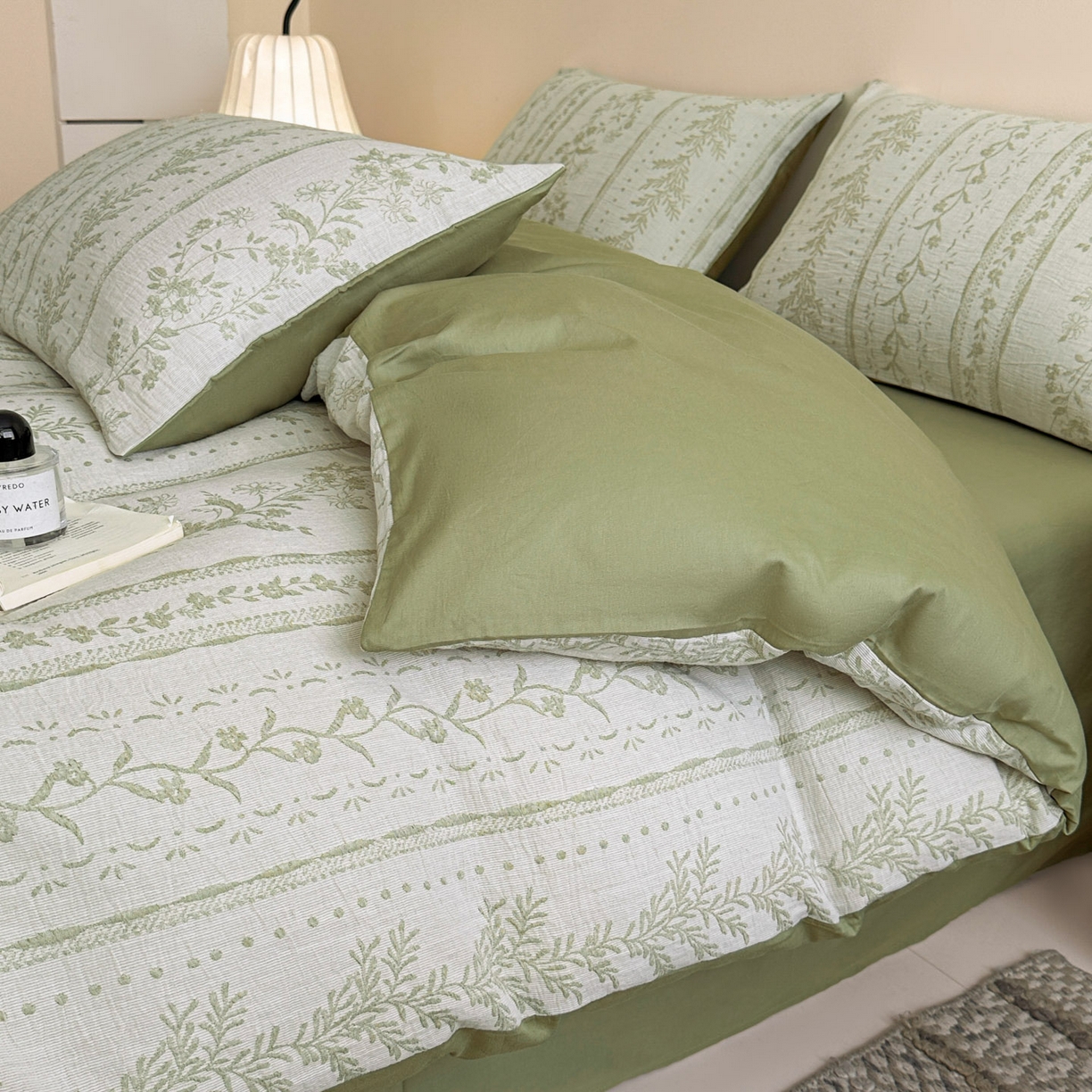 91家纺网 家纺一手货源 找家纺 慕尚家纺 2025新款全棉提花皱皱纱四件套 柔茵-草绿