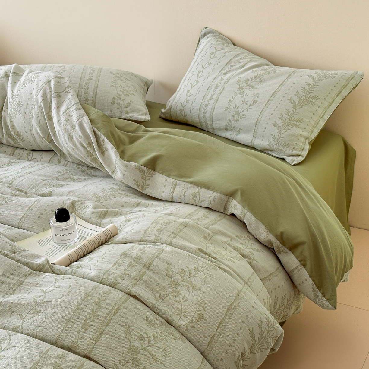 91家纺网 家纺一手货源 找家纺 慕尚家纺 2025新款全棉提花皱皱纱四件套 柔茵-草绿