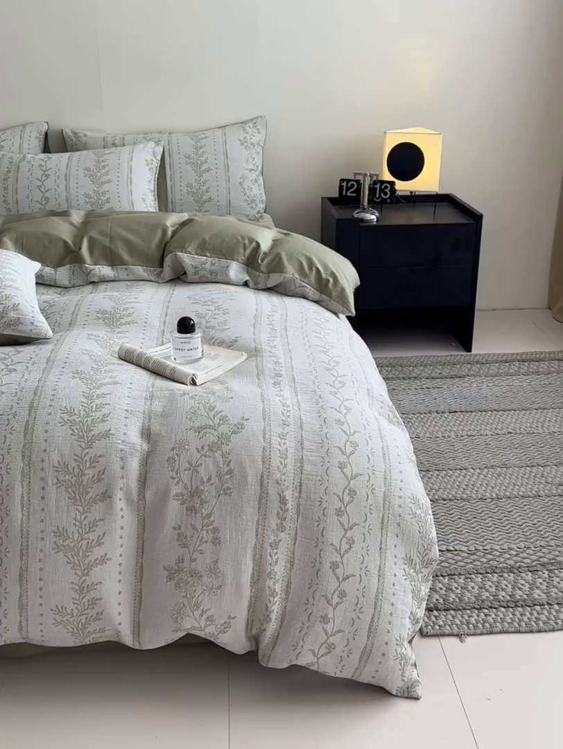 91家纺网 家纺一手货源 找家纺 慕尚家纺 2025新款全棉提花皱皱纱四件套 柔茵-草绿