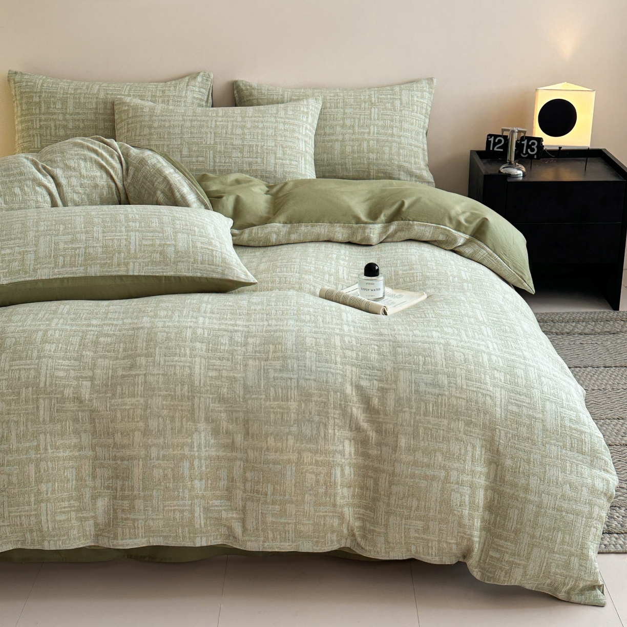 91家纺网 家纺一手货源 找家纺 慕尚家纺 2025新款全棉提花皱皱纱四件套 格纹-草绿