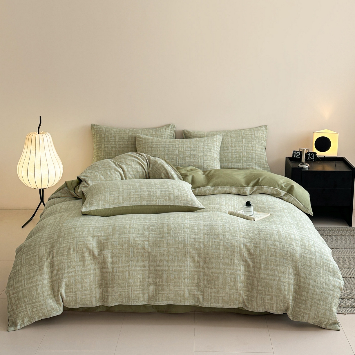 91家纺网 家纺一手货源 找家纺 慕尚家纺 2025新款全棉提花皱皱纱四件套 格纹-草绿