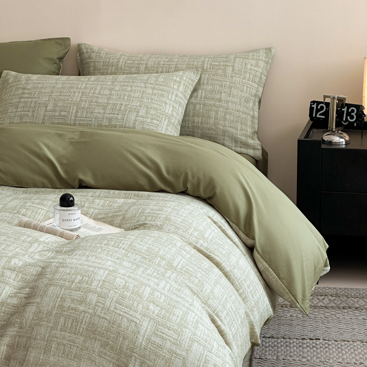 91家纺网 家纺一手货源 找家纺 慕尚家纺 2025新款全棉提花皱皱纱四件套 格纹-草绿