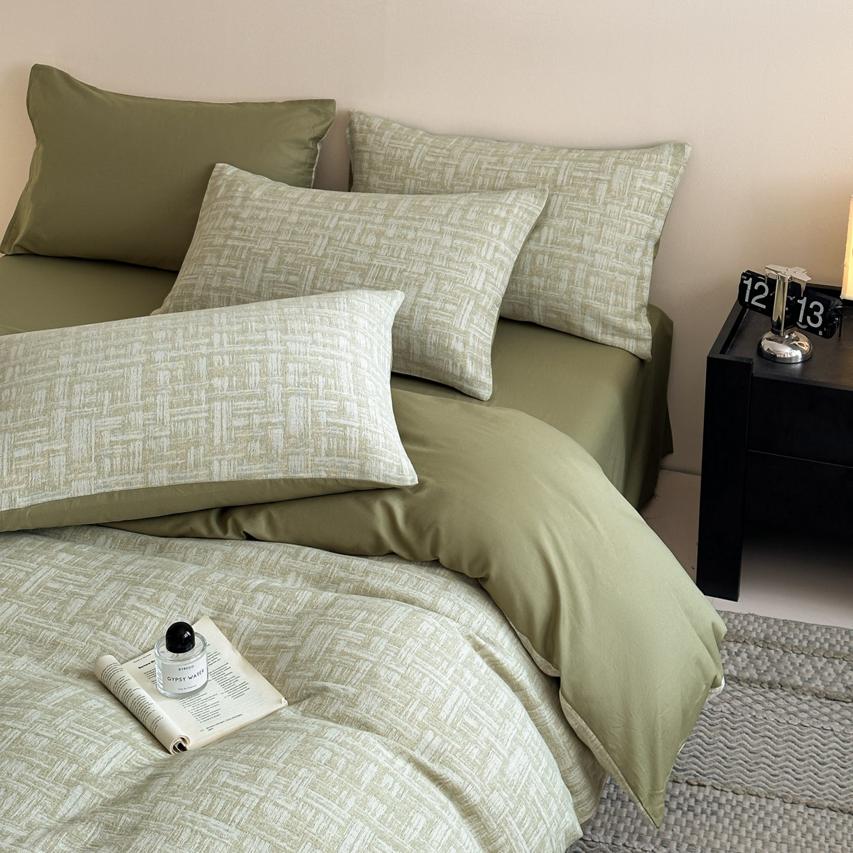 91家纺网 家纺一手货源 找家纺 慕尚家纺 2025新款全棉提花皱皱纱四件套 格纹-草绿