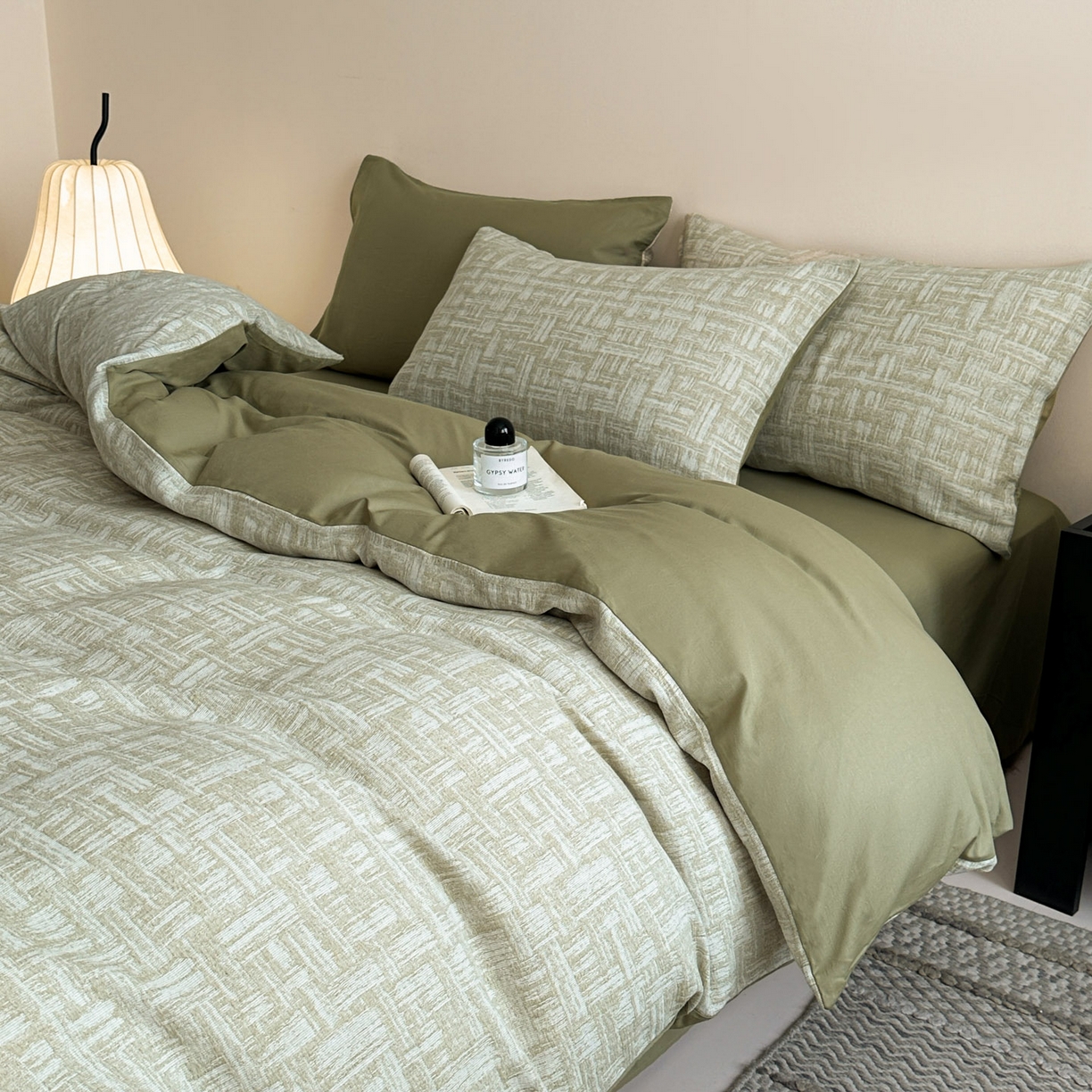 91家纺网 家纺一手货源 找家纺 慕尚家纺 2025新款全棉提花皱皱纱四件套 格纹-草绿